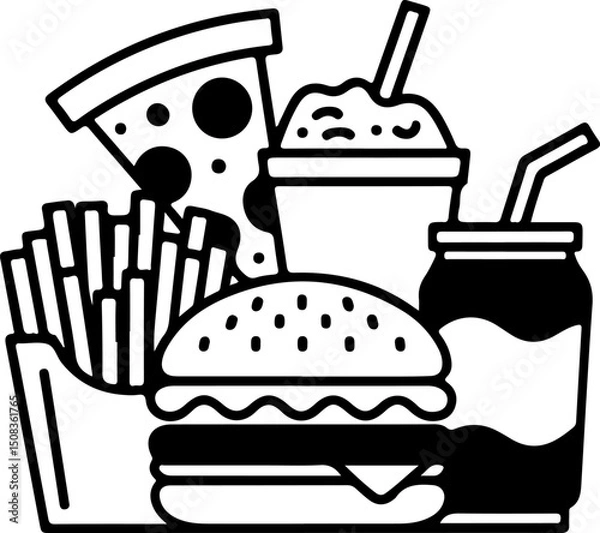 Fototapeta Icon of common fast foods. There is pizza, soda, a burger, fries, and a smoothie, each delineated in a simple black and white illustration.