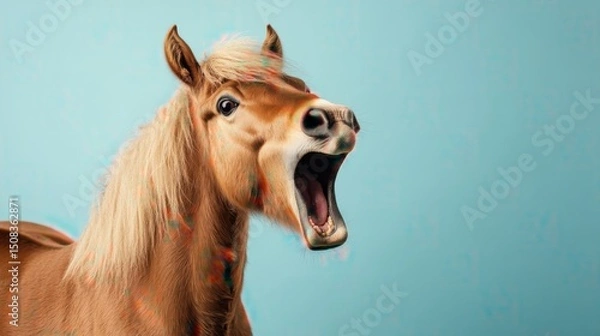 Fototapeta A singing horse on the plain blue background with a copy space on the right side