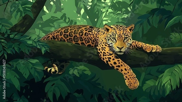 Obraz A jaguar rests serenely on a branch in a lush rainforest.