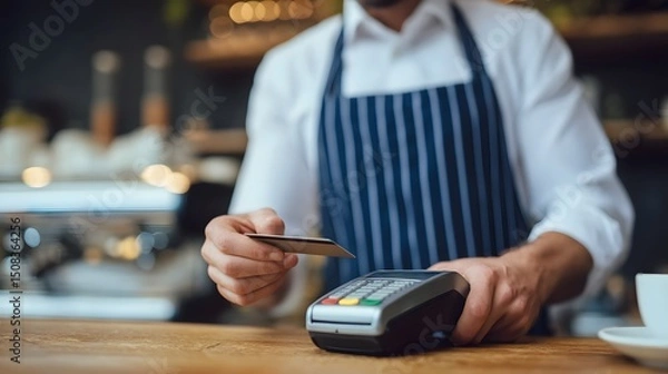 Fototapeta Close up of a man using a credit card to make a payment at a cafe or coffee shop