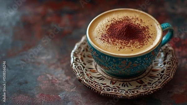 Obraz Aromatic cappuccino with cocoa powder on a decorative saucer inviting warmth and indulgence in rich