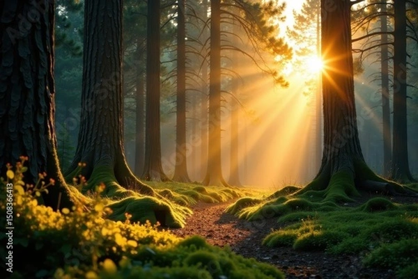 Fototapeta Golden light filters through ancient pines onto mossy clearing , peaceful, tall trees
