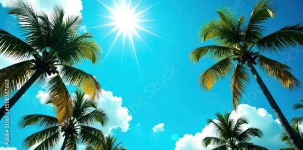 Fototapeta Towering palms silhouette against a vivid azure sky; lush foliage details , bright, tropical scene, blue