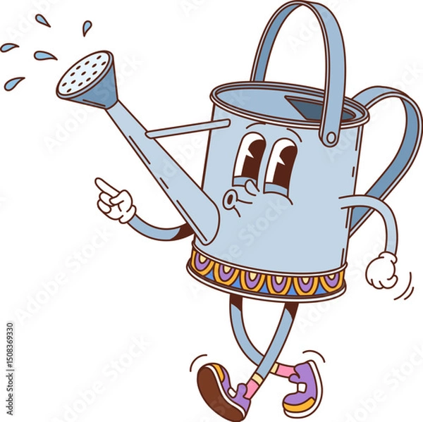 Fototapeta Cartoon groovy hippie watering can funny character with funny face, vector personage. Groovy watering pot funky whistling with water splashes for flowers and plants psychedelic or hipster emoji