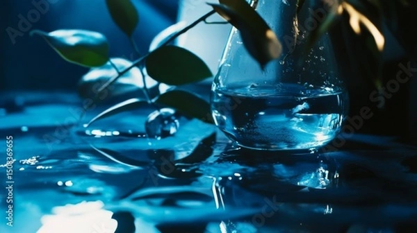 Obraz Water glass with leaves and reflections in night light moody wet tabletop beverage artistic photo scene