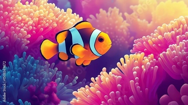 Obraz Vibrant clownfish swimming amidst colorful anemones.