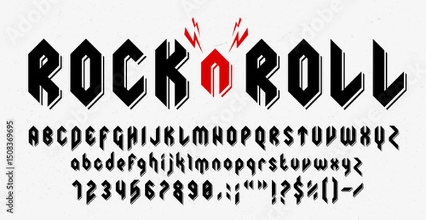 Fototapeta Hard rock metal font, music heavy band typeface, punk tattoo type, strong abc alphabet vector typography. Rock and roll or black metal music font letters and numbers with red lightnings, tattoo type