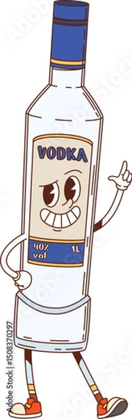 Fototapeta Vodka beverage bottle groovy happy character. Party alcohol drink bottle cute retro vector character, distilled booze funny vintage personage. Vodka bar or pub spirit beverage cheerful groovy mascot