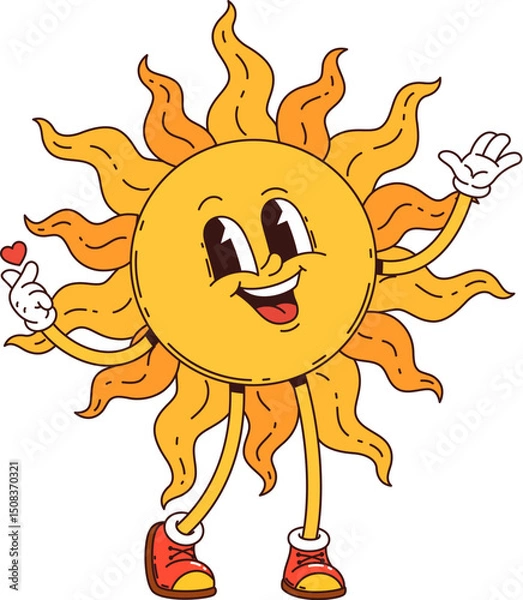 Fototapeta Cartoon groovy Wild west western sun character. Isolated vector sunny retro personage with big, joyful smile, vibrant rays beaming, arms outstretched, exude positive summer vibes, warmth and happiness