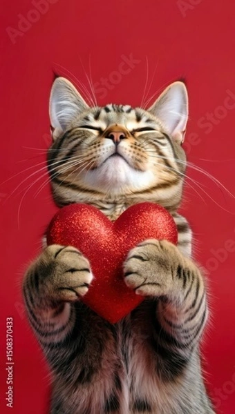 Fototapeta Cute cat holds red heart against a vibrant backdrop during a playful moment