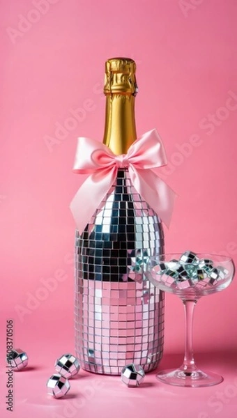 Fototapeta Shimmering champagne bottle adorned with pink ribbon and disco ball design on vibrant pink background
