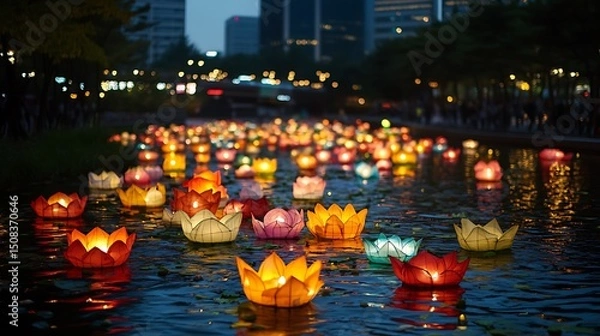 Obraz Colorful lotus-shaped lanterns float on a water channel at night.