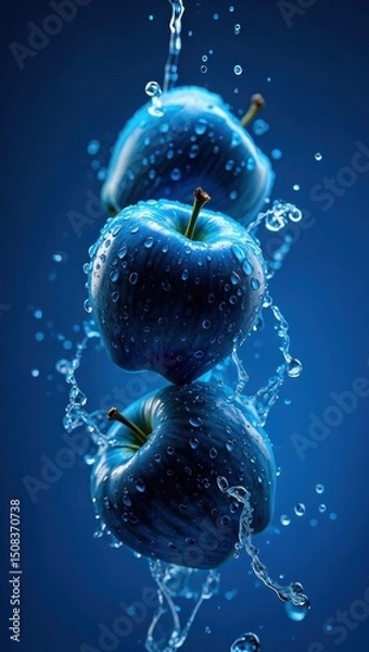 Fototapeta Blue apples splashing in water create vibrant visual contrast against dark background