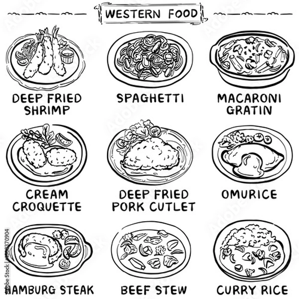 Fototapeta 洋食の人気メニューのイラストセット　1色