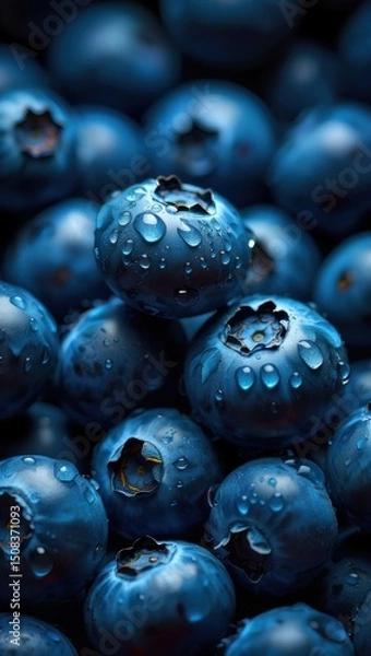 Fototapeta Freshly washed blueberries glistening with droplets in close-up on a dark background