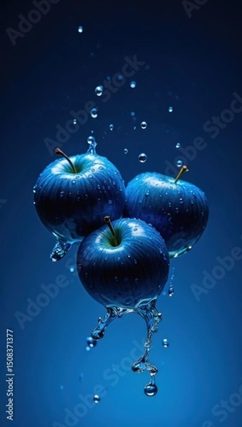 Fototapeta Blue apples splashing in water create a striking visual against a dark background