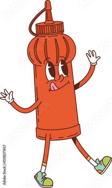 Fototapeta Cartoon groovy ketchup squeeze sauce bottle character walking with smiling tongue out and waving hands. Vector retro food container with fun and nostalgic funky y2k vibe culinary and kitchen personage