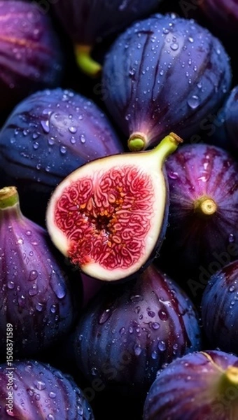 Fototapeta Fresh figs with water droplets showcasing vibrant colors and textures in a close-up composition