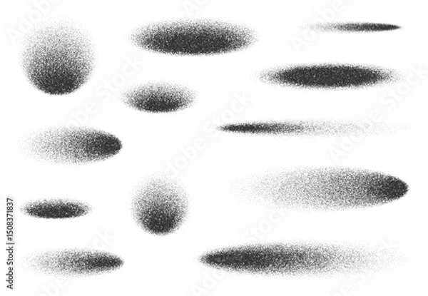 Fototapeta Shadows oval and circles with grain noise or stipple dots texture, vector shade effects. Realistic circle shadows with noise grain gradient, sand dotwork or paint spray for oval objects shadow effect