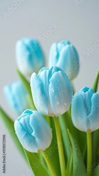 Fototapeta Beautiful blue tulips with droplets fresh from rain in a soft and elegant arrangement in a serene setting