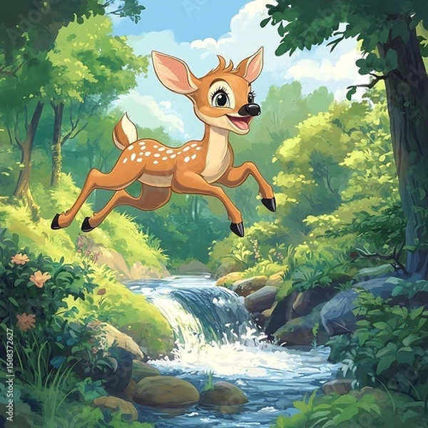 Obraz A playful fawn leaping over a babbling brook.