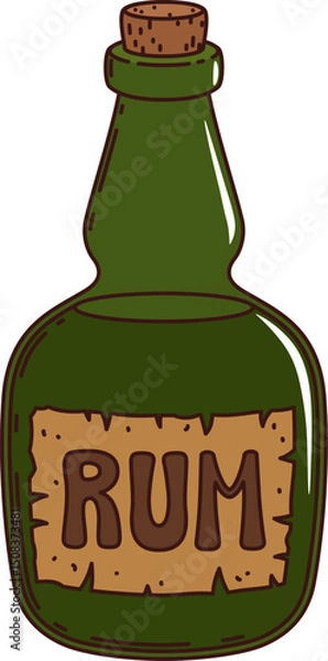 Fototapeta Cartoon groovy pirate and corsair rum bottle, retro green glass flask with cork stopper, rugged emblem and narrow neck. Isolated vector alcohol drink bottle holds the essence of daring adventures