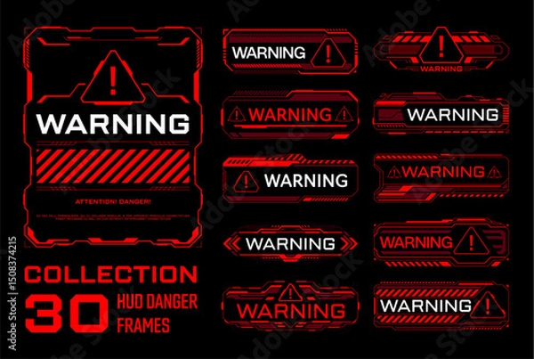 Fototapeta Red warning and danger HUD frames set, vector game UI. Futuristic cyber tech digital screen interface warning, alert and danger caution HUD frames with red hologram borders, attention triangle signs