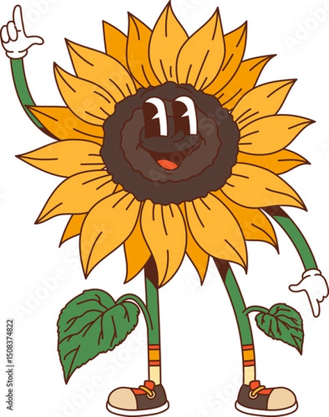 Fototapeta Cartoon groovy hippie sunflower flower character with funny face, vector plant. Groovy sunflower or psychedelic flower with silly crazy smile with hi or Hello gesture as freaky hipster emoji