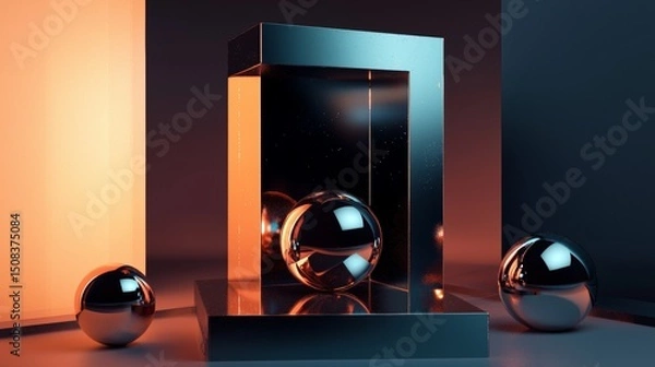 Obraz Futuristic black and orange mirror cubes with metallic orbs in modern abstract composition scene