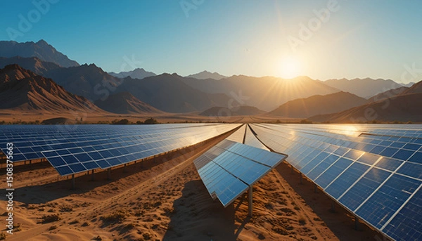 Obraz Vast Solar Farm in Mountainous Desert Landscape at Sunset: Renewable Energy and Sustainable Power Generation