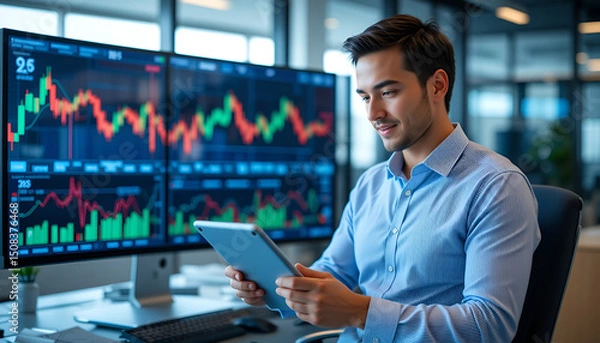 Obraz Focused Businessman Analyzing Stock Market Data on Tablet and Monitors