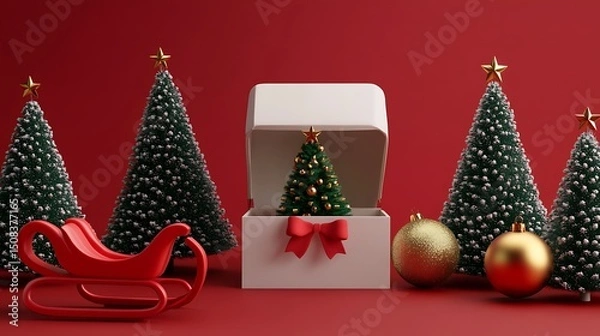 Obraz A christmas tree gift nestled in a white box, along with a red sleigh and gold christmas ornaments.