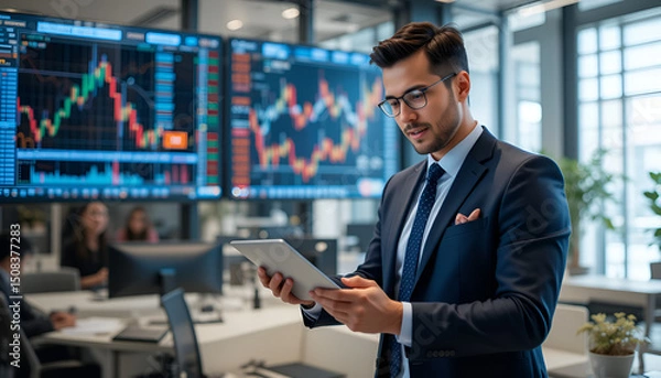Obraz Focused businessman reviews financial data on tablet in modern office setting with stock market charts displayed on large screens.