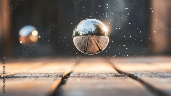 Obraz Chrome sphere levitating over wooden floor with reflection and glow in futuristic visual scene