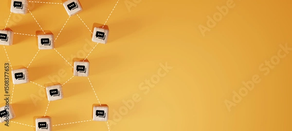 Fototapeta Concept of online communication or social networking wooden blocks with speech bubbles linked to each other with lines.