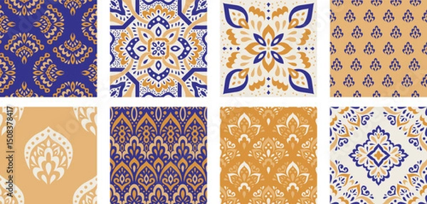 Fototapeta Collection of Moroccan style seamless pattern. Creative mediterranean interior design. Ethnic ornament swatch set. Azulejos tiles vector illustration. Modern Spanish talavera.