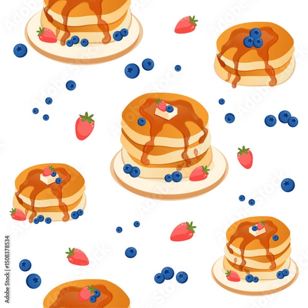 Obraz Seamless Vector Pattern of Pancakes with Butter, Honey, Blueberries and Strawberries on Light Background – Cute Breakfast Food Design for Kids, Holiday and Seasonal Projects