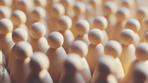 Obraz Wooden figures arranged in crowd formation with shallow depth and focus on group identity unity concept scene