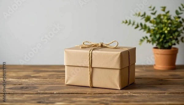 Obraz Elegant Kraft Gift Box with Twine on Rustic Wooden Table