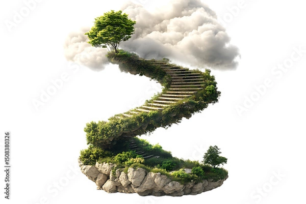Obraz Stone staircase overgrown with vegetation leading to a cloud top with tree on a floating island