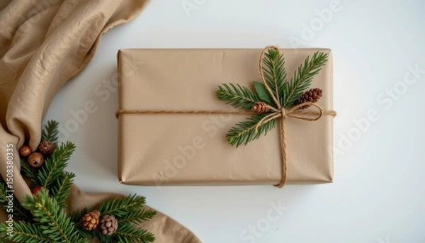 Obraz Eco-Friendly Wrapped Gift with Pine Branch and Natural Decor