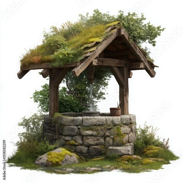Obraz Stone well with mossy roof on white background