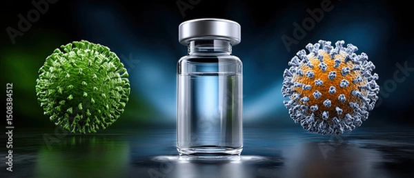 Fototapeta vaccine disease biotech concept. Vaccine vial surrounded by virus representations with glowing effects.