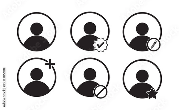 Fototapeta profile account symbols set. black and white icons. verified account, edit profile account, add account, follow account, blocked account, VIP, influencer.