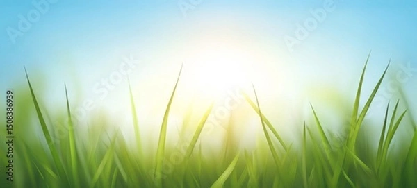 Obraz Close-up of soft defocused template illustration of fresh green grass grasses meadow field with blue sky in the spring or summer