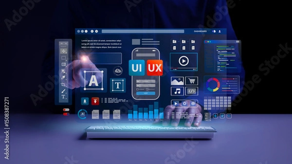 Fototapeta Web UI-UX design, web development concept. A web developer works on a website to develop mobile and laptop app interface. User interface and experience.  application design. User experience. coding.