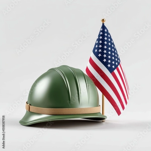 Fototapeta Green hardhat and american flag isolated on white background