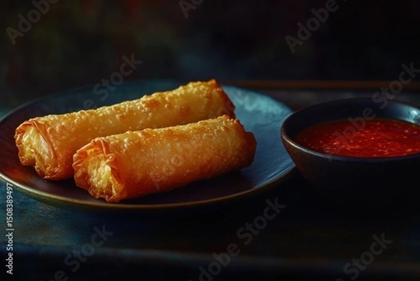 Obraz Crispy Golden Spring Rolls with Spicy Dipping Sauce