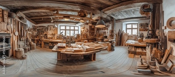 Obraz Vintage Carpenter's Workshop: A 360? View of Rustic Charm and Timeless Craftsmanship