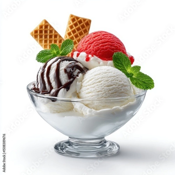 Fototapeta Ice cream sundae with wafers and mint isolated on white background